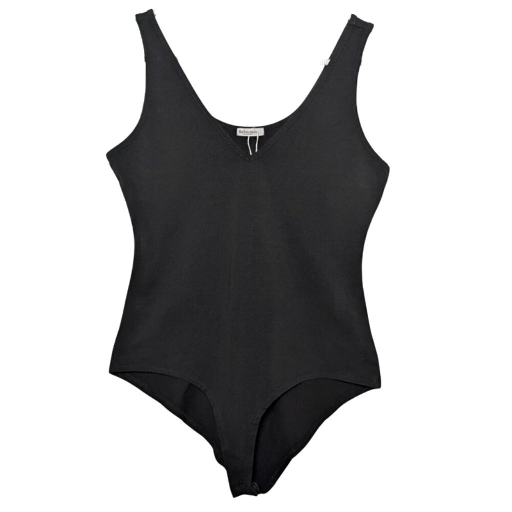 BelleLovin Women's V-Neck Bodysuit Black, Large, Snap Bottom, Sleeveless Tank